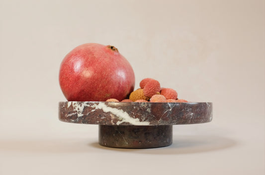 Raised Pedestal Fruit Dish - Red Zebra Marble - side view
