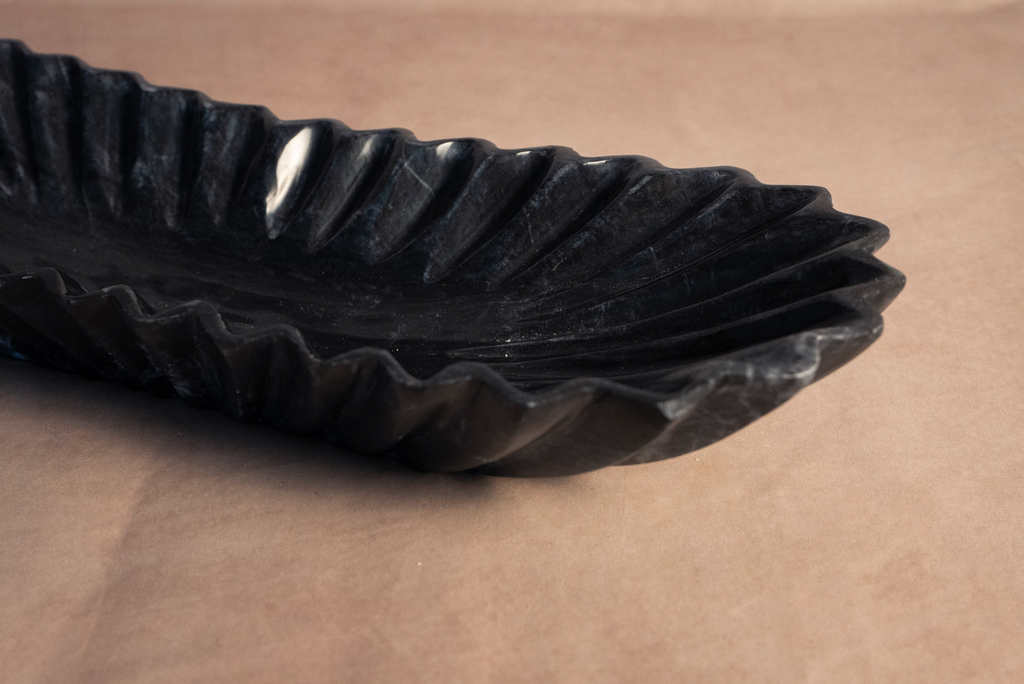 Oblong Fluted Bowl - Jet Black Marble