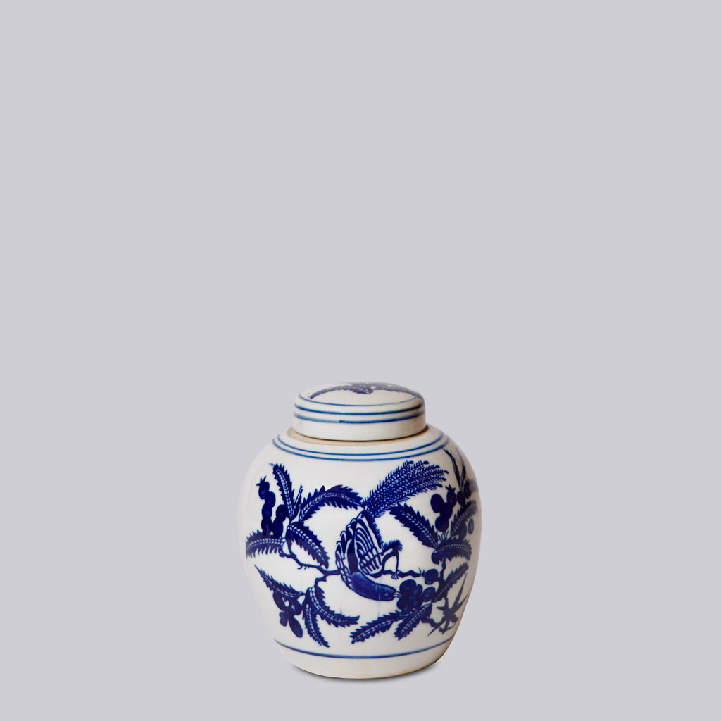 Blue and White Porcelain Bird and Flower Round Jar