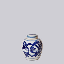 Porcelain Bird and Flower Round Jar - White and Blue