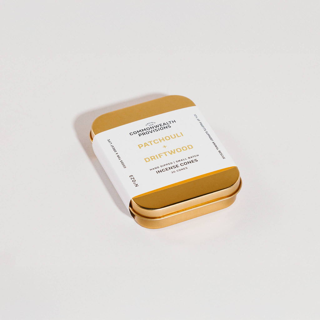 Patchouli + Driftwood Incense Cones, Tin of 30