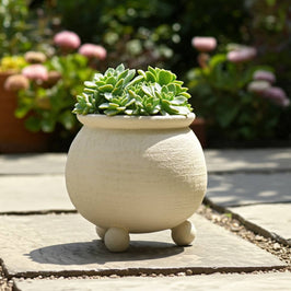 Planter - Ivory Pottery Round Textured On Ball Feet, 9 in.