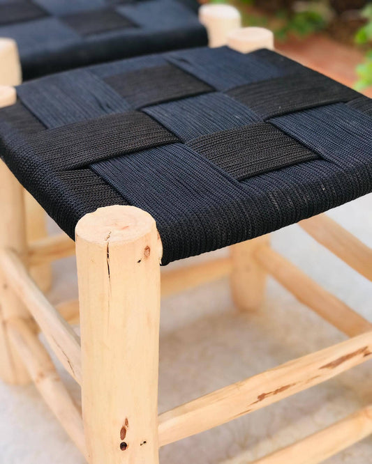 Moroccan Eucalyptus and Woven Leather Stool