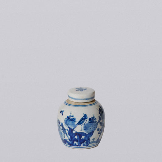 Porcelain Mini Bird and Flower Round Jar - Blue and White