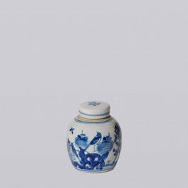 Porcelain Mini Bird and Flower Round Jar - Blue and White