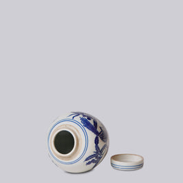 Porcelain Bird and Flower Round Jar - White and Blue