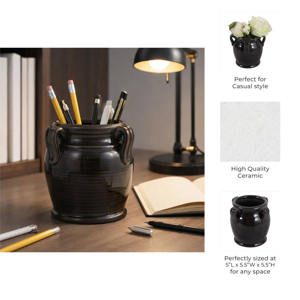 Black Ceramic Pen Holder w/ Handles