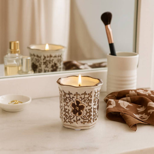 Plumeria Brown and White Ceramic Scented Candle