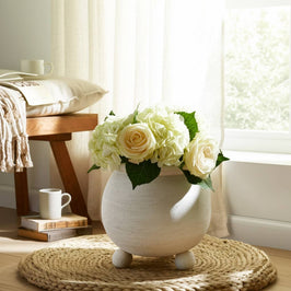 Planter - Ivory Pottery Round Textured On Ball Feet, 9 in.