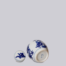 Porcelain Bird and Flower Round Jar - White and Blue