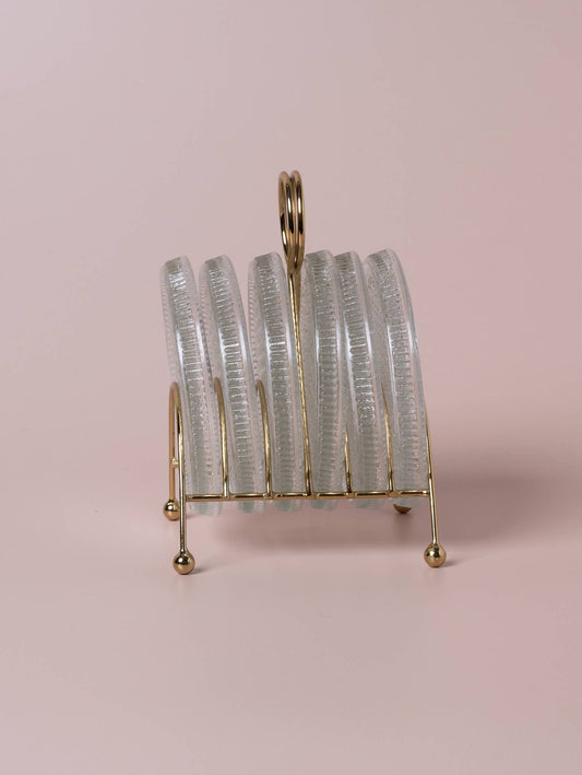 MCM Glass Coasters Metal Caddy Set