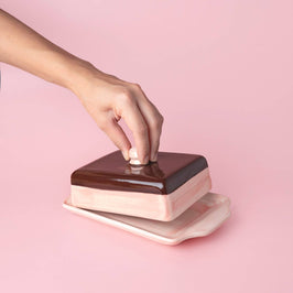 Artisanal Ceramic Butter Dish - Pink & Brown