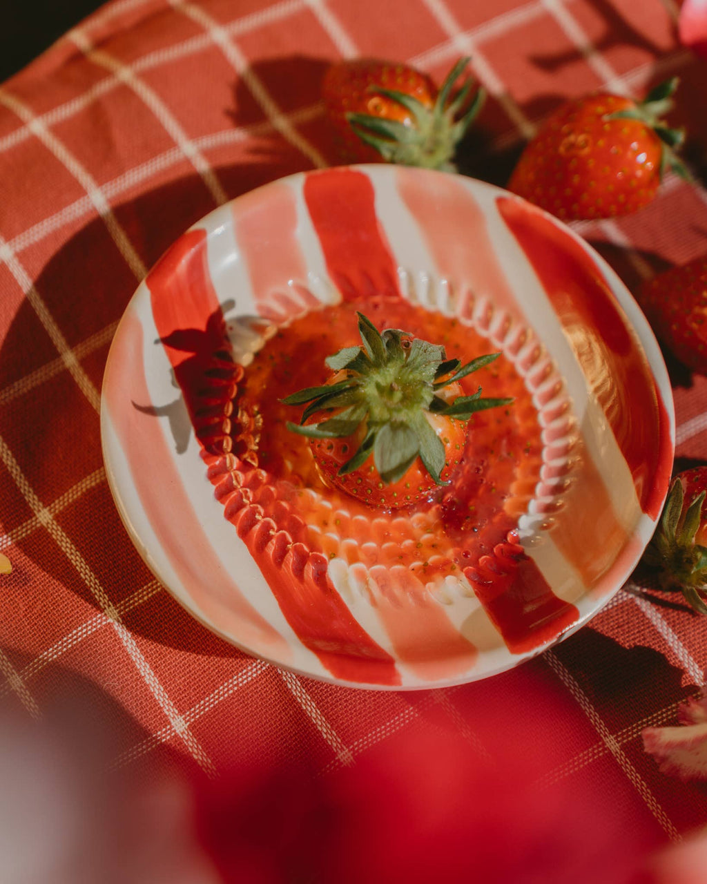 Small Ceramic Garlic Grater Plate - Striped Red, Pink and White - Sweetheart