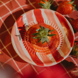 Small Ceramic Garlic Grater Plate - Striped Red, Pink and White - Sweetheart - Lifestyle display