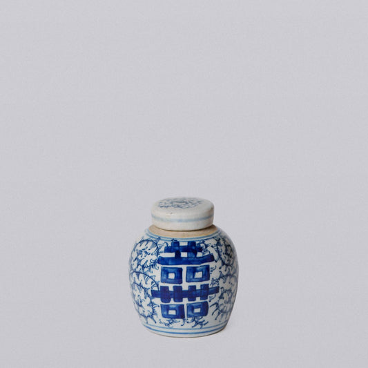 Porcelain Mini Double Happiness Round Jar -Blue and White