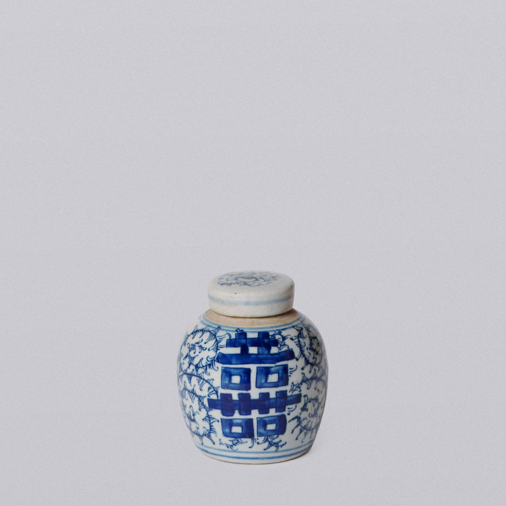 Porcelain Mini Double Happiness Round Jar -Blue and White