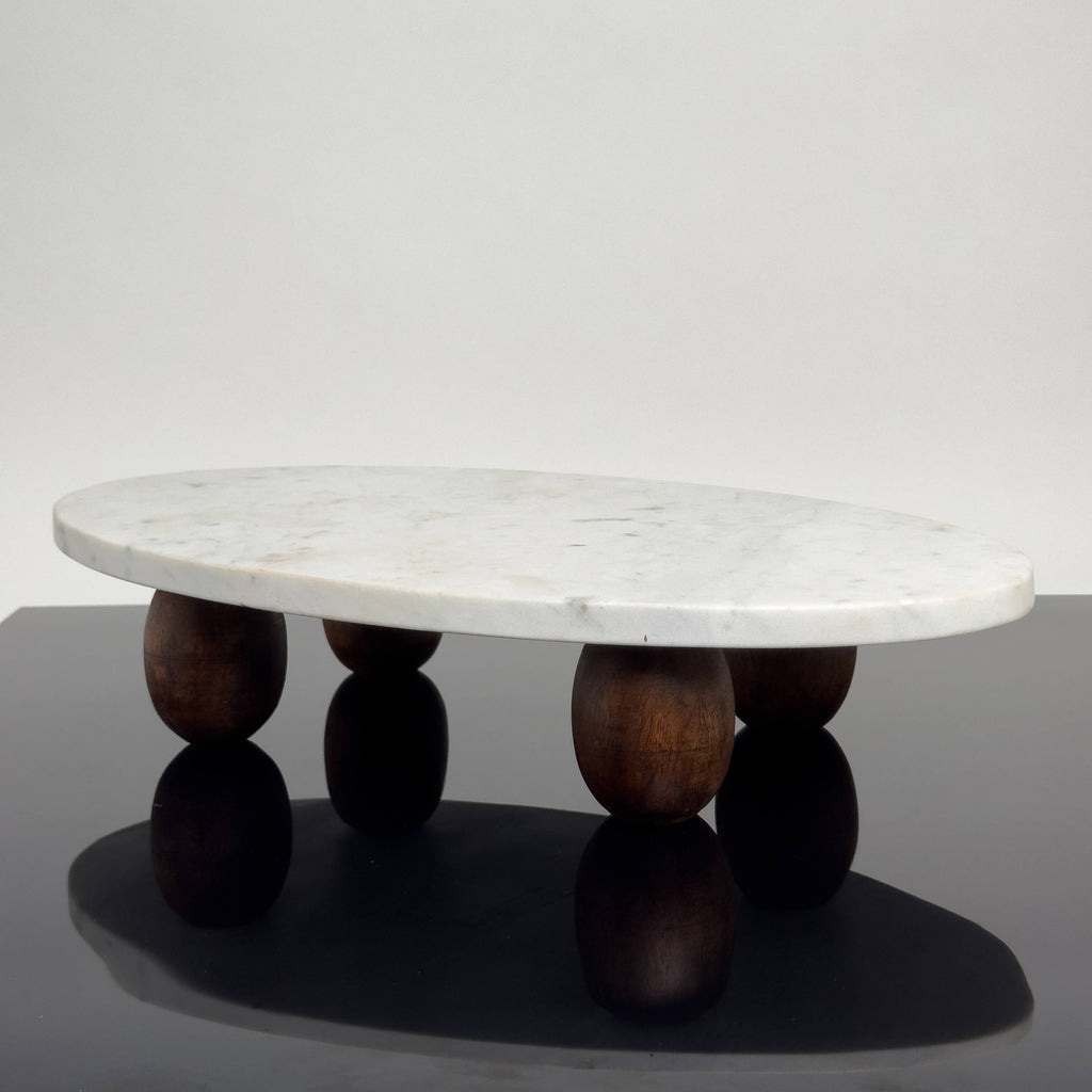 White Marble Cake Stand w/ Wood Feet