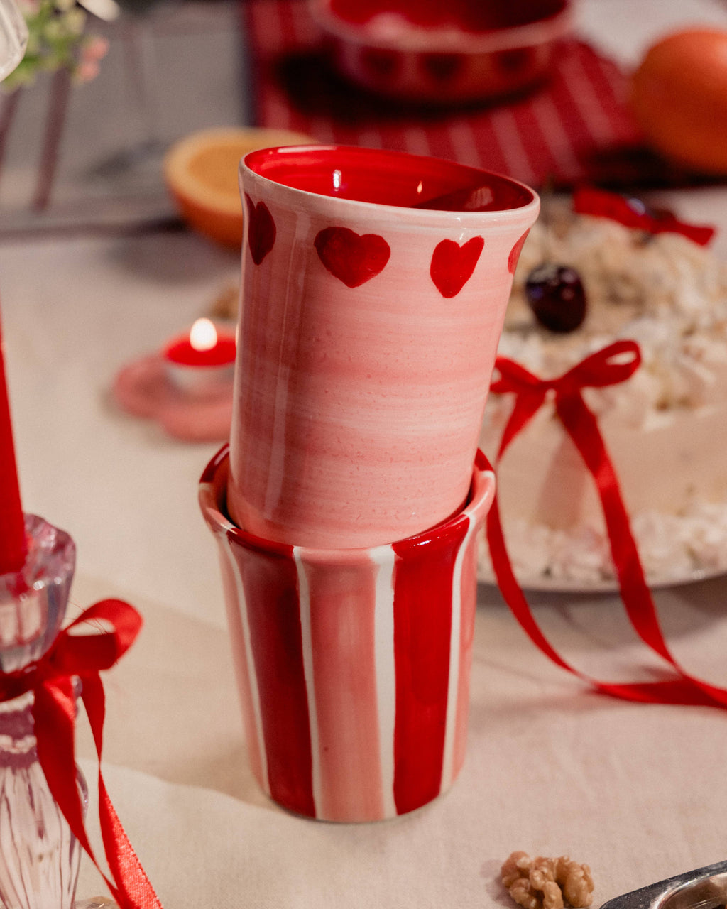 Artisanal Ceramic Mug Sweetheart Stripes Pottery Cup 250ml
