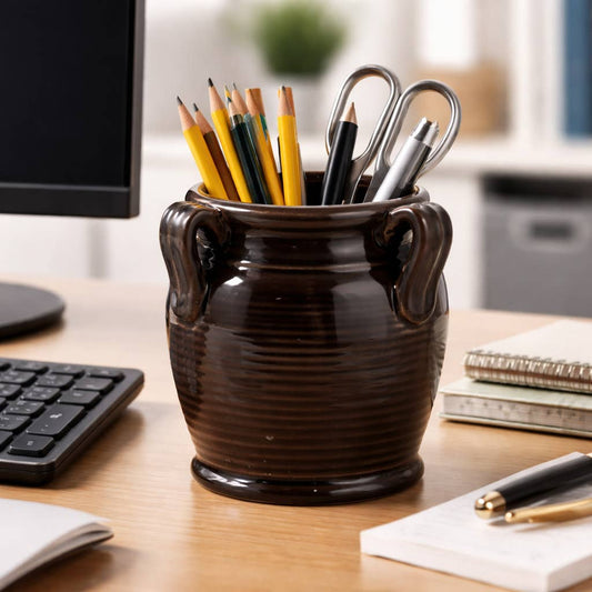 Black Ceramic Pen Holder w/ Handles
