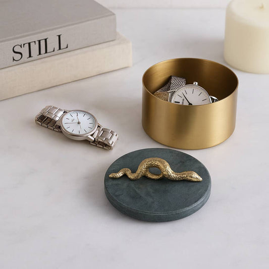 Decorative Box - Gold Metal Round Snake Handle, 5 in.