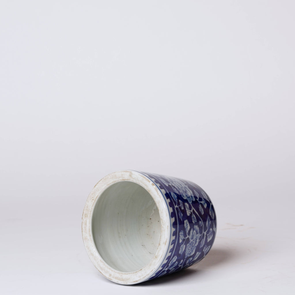 Tiny Dark Blue and White Porcelain Peony Cachepot