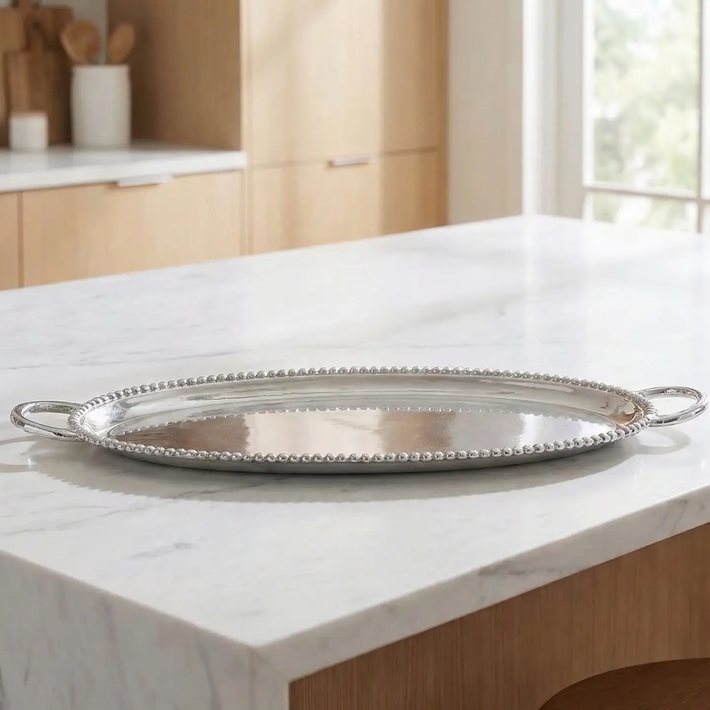 Aluminum Beaded Oval Tray w/handle